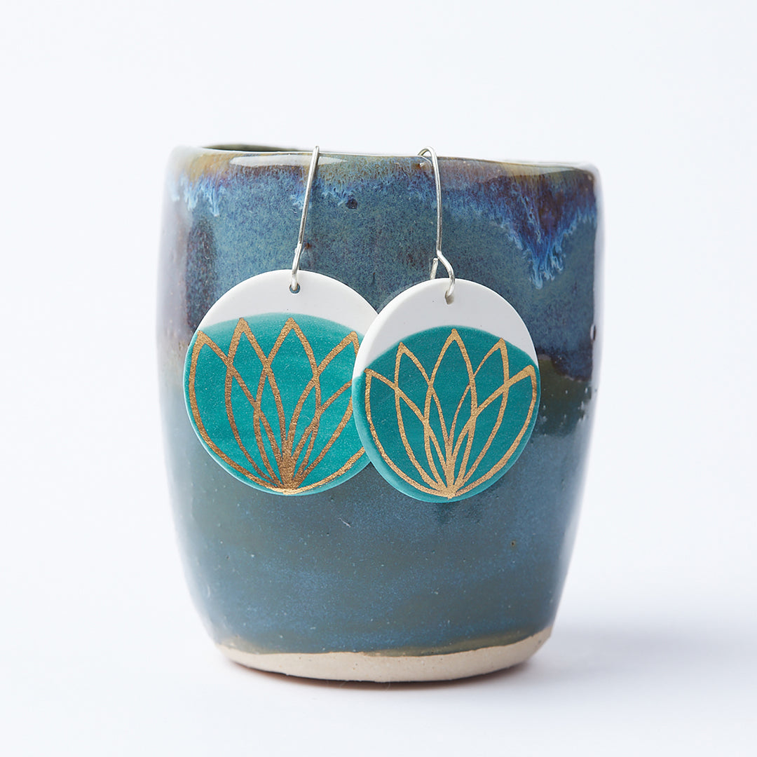 Porcelain Dangle Earrings – Blue Golden Lotus