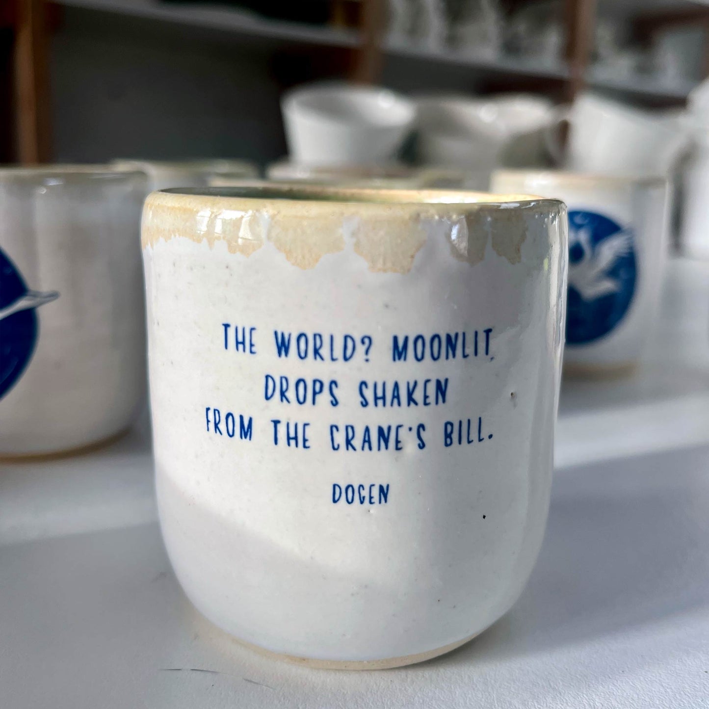 Windhorse Ceramic Cup: Standing Crane with Dōgen Verse
