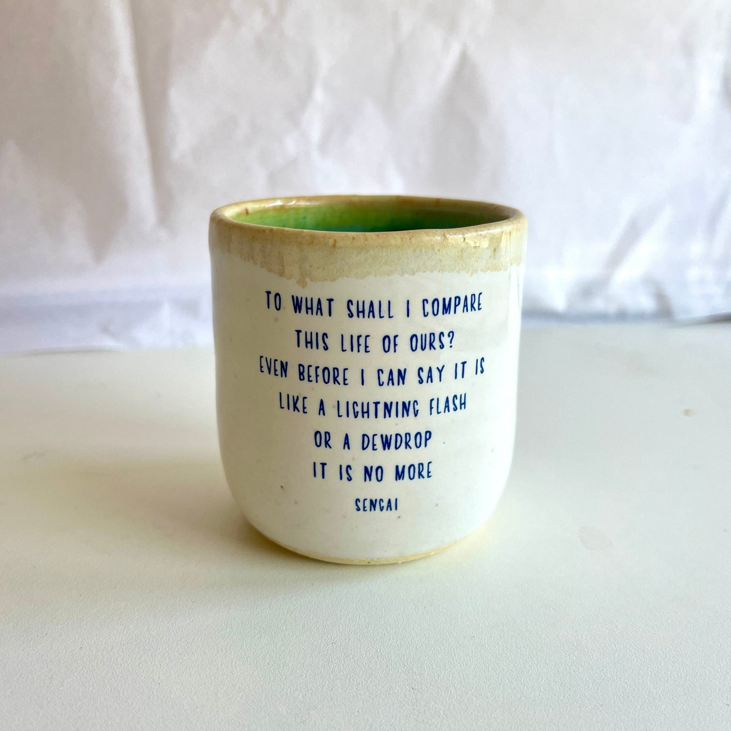 Windhorse Small Espresso Ceramic Cup - Dewdrop Crane & Sengai Haiku