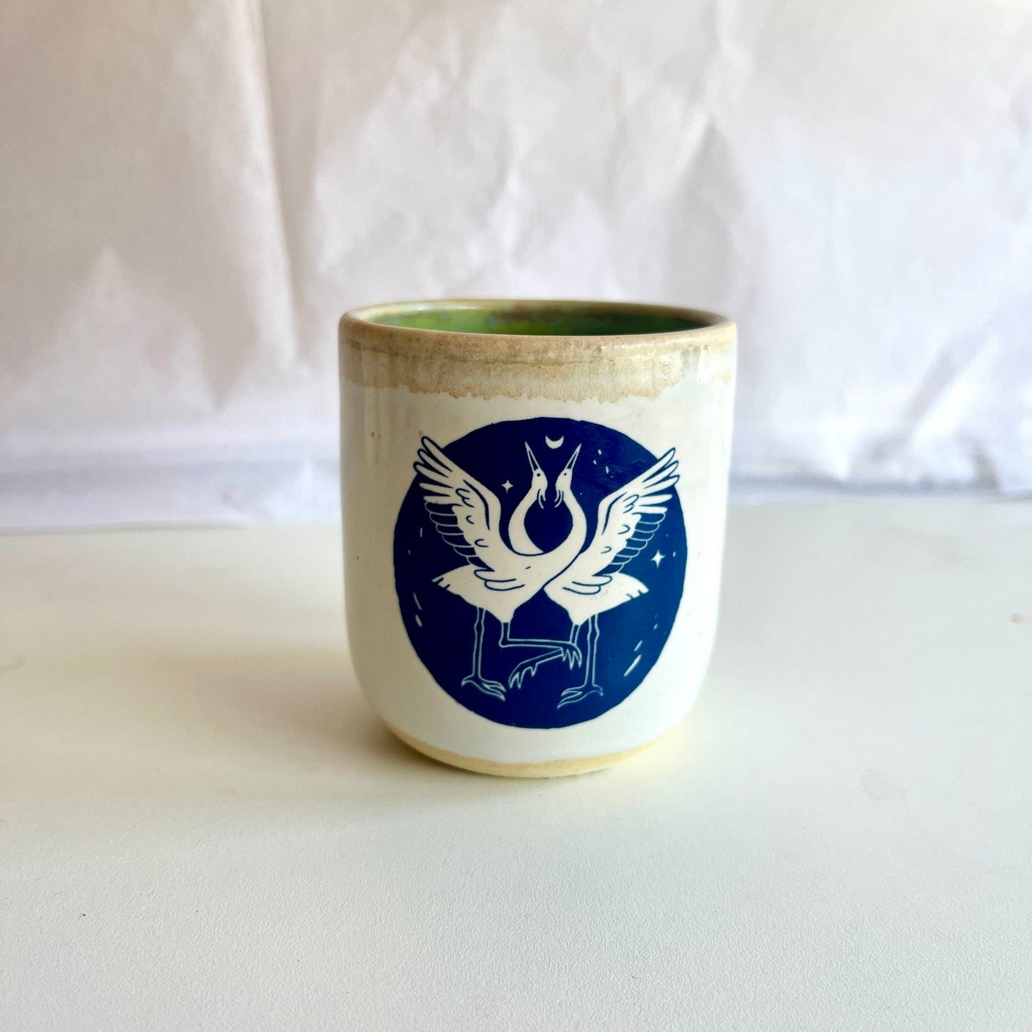 Windhorse Small Espresso Ceramic Cup - Two Cranes & Thoreau Quote
