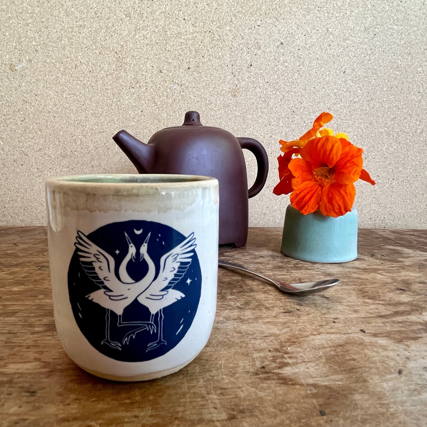 Windhorse Small Espresso Ceramic Cup - Two Cranes & Thoreau Quote