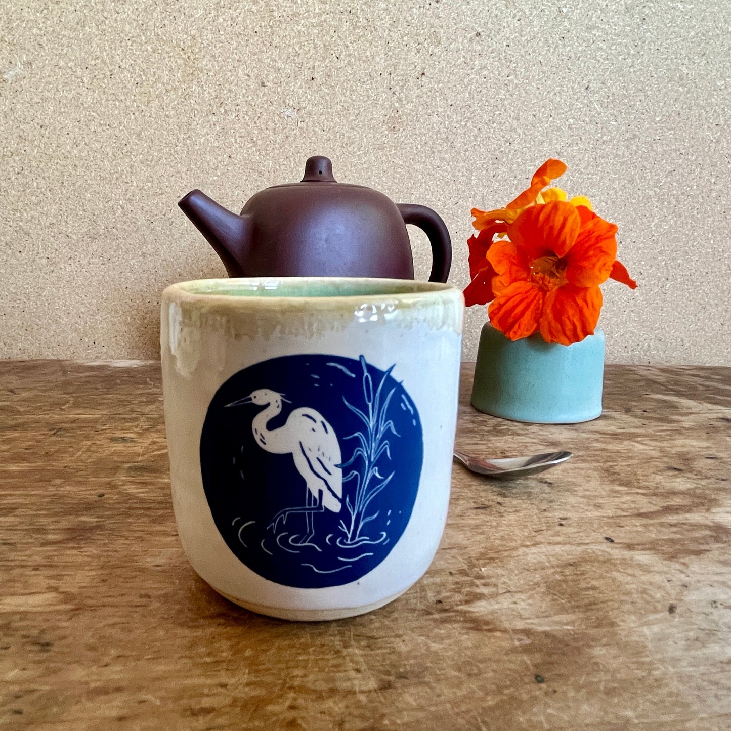 Windhorse Small Espresso Ceramic Cup - Dewdrop Crane & Sengai Haiku
